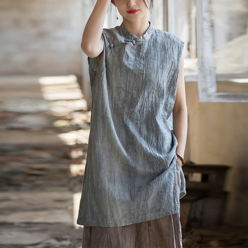 Camiseta sin mangas con botones de rana de lino y ramio teñida anudada hecha a mano con Buddha Stones - image 1