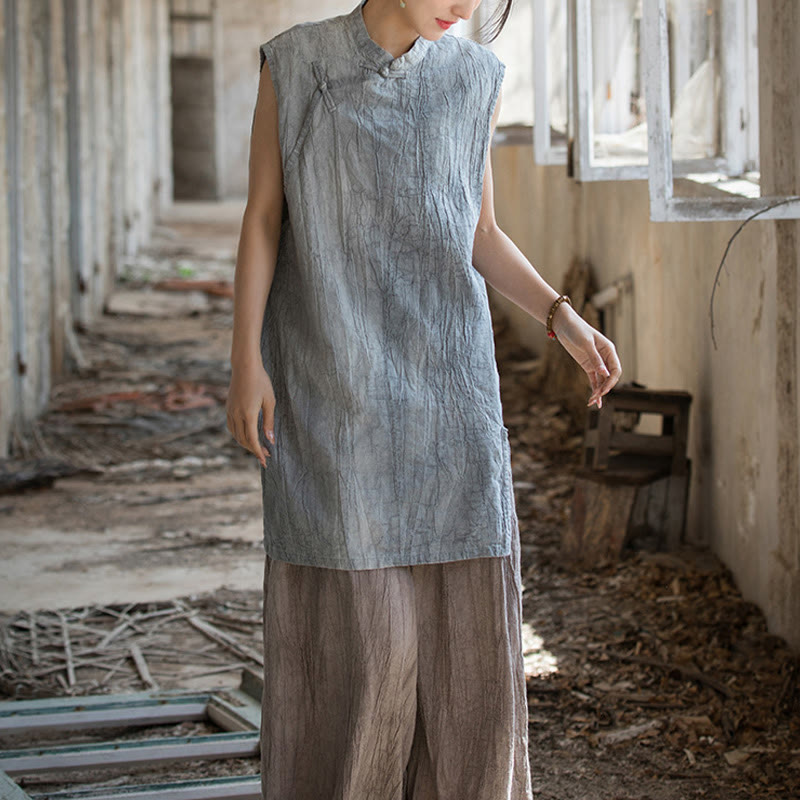 Camiseta sin mangas con botones de rana de lino y ramio teñida anudada hecha a mano con Buddha Stones - image 7