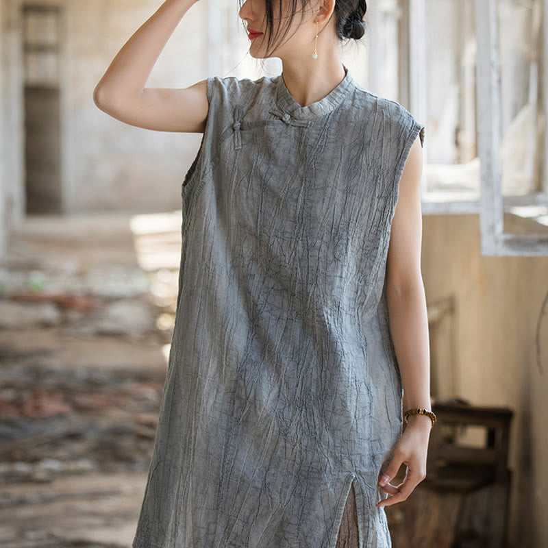 Camiseta sin mangas con botones de rana de lino y ramio teñida anudada hecha a mano con Buddha Stones - image 3