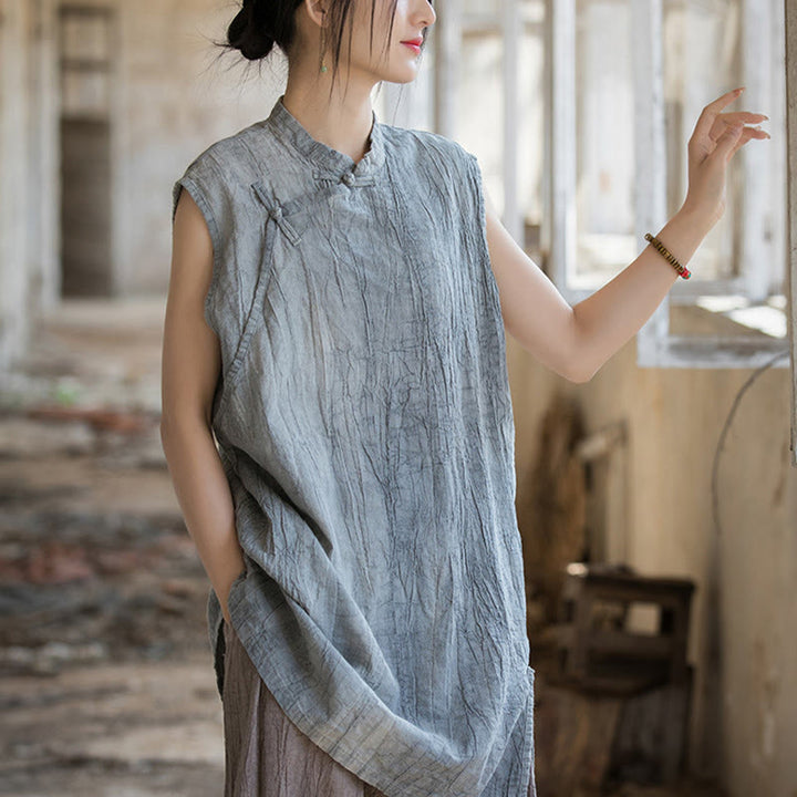 Camiseta sin mangas con botones de rana de lino y ramio teñida anudada hecha a mano con Buddha Stones - image 2