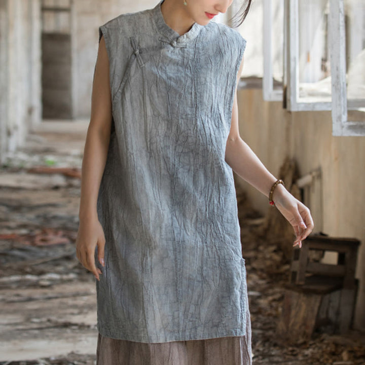 Camiseta sin mangas con botones de rana de lino y ramio teñida anudada hecha a mano con Buddha Stones - Gris (Busto 112 cm / Hombro 42 cm / Largo 84 cm) (Solo la parte superior) - image 0