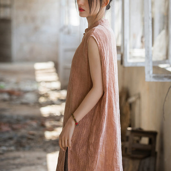 Camiseta sin mangas con botones de rana de lino y ramio teñida anudada hecha a mano con Buddha Stones - image 13