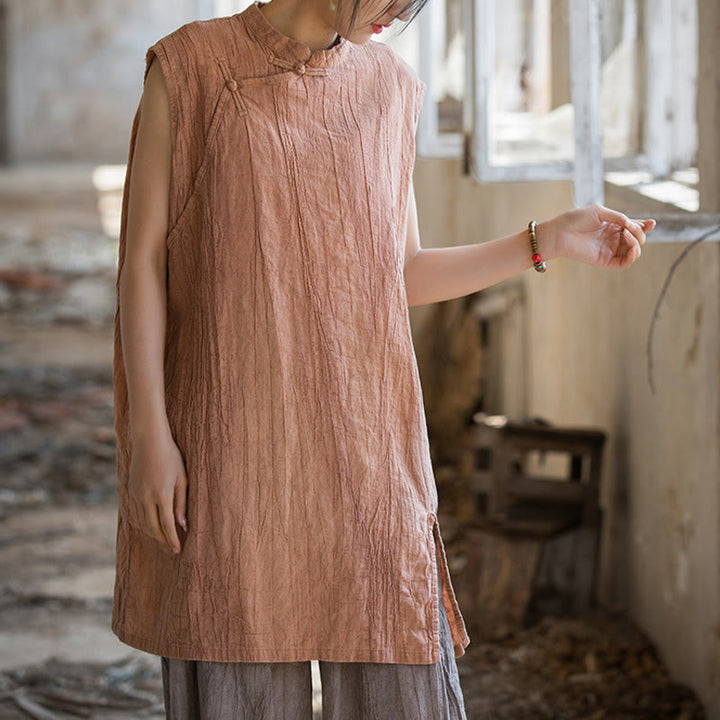 Camiseta sin mangas con botones de rana de lino y ramio teñida anudada hecha a mano con Buddha Stones - image 9