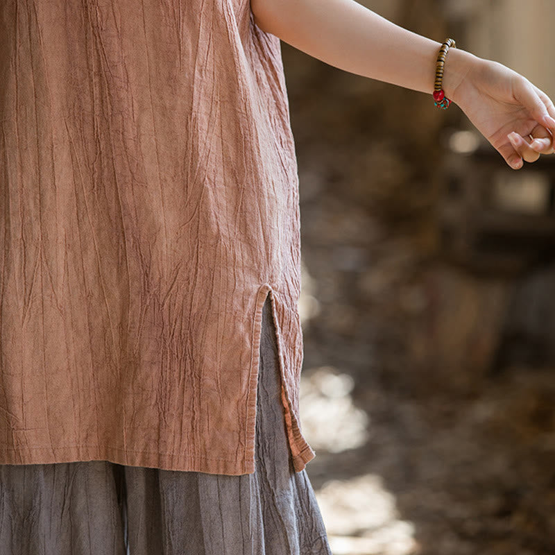 Camiseta sin mangas con botones de rana de lino y ramio teñida anudada hecha a mano con Buddha Stones - image 11