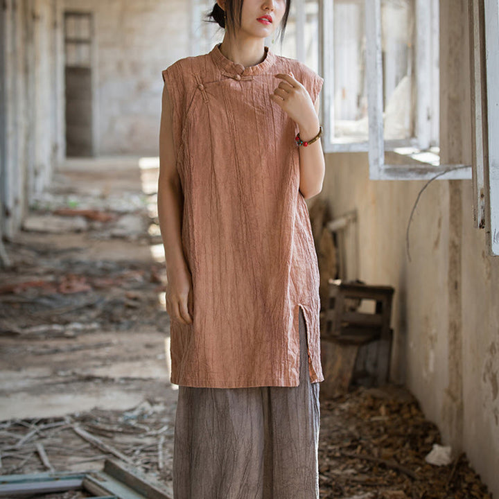 Camiseta sin mangas con botones de rana de lino y ramio teñida anudada hecha a mano con Buddha Stones - image 12