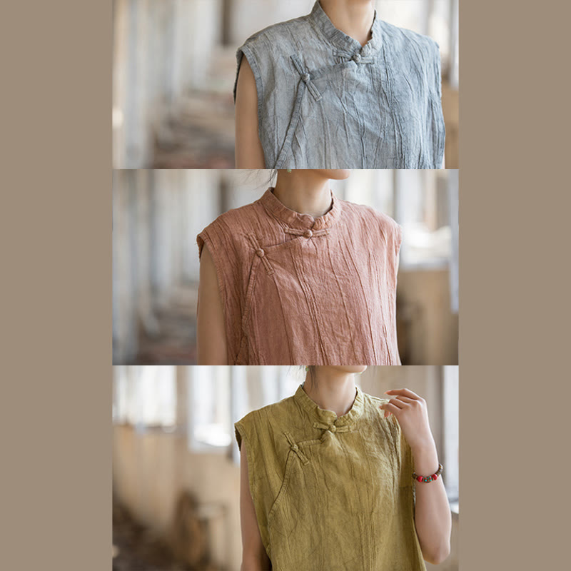 Camiseta sin mangas con botones de rana de lino y ramio teñida anudada hecha a mano con Buddha Stones - image 28