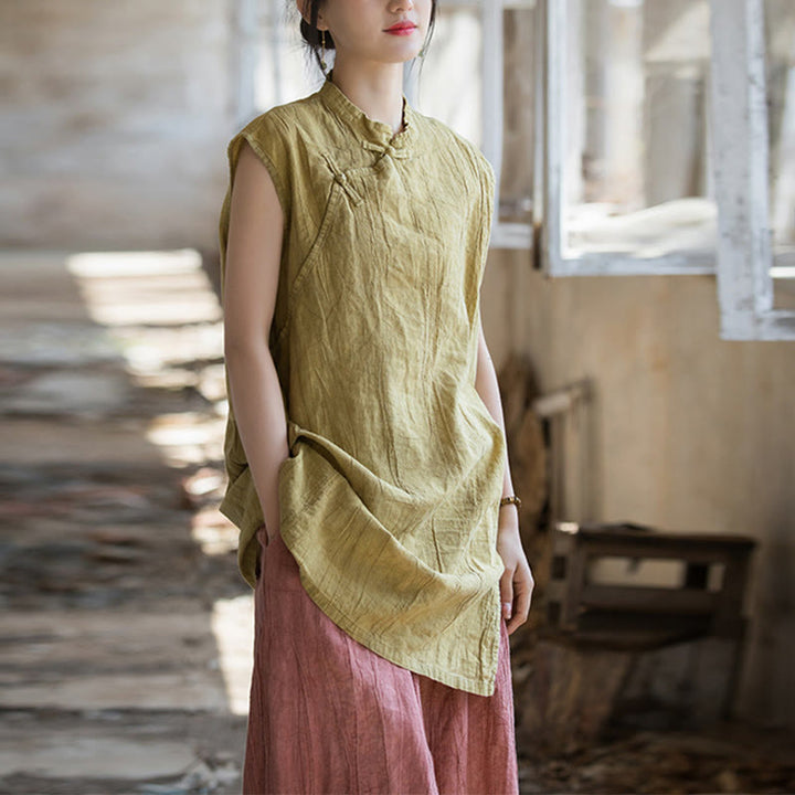 Camiseta sin mangas con botones de rana de lino y ramio teñida anudada hecha a mano con Buddha Stones - Amarillo (Busto 112 cm / Hombro 42 cm / Largo 84 cm) (Solo la parte superior) - image 14