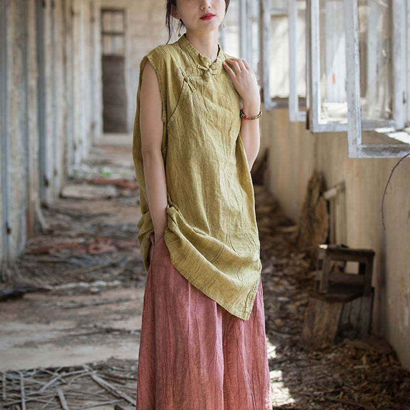 Camiseta sin mangas con botones de rana de lino y ramio teñida anudada hecha a mano con Buddha Stones - image 19