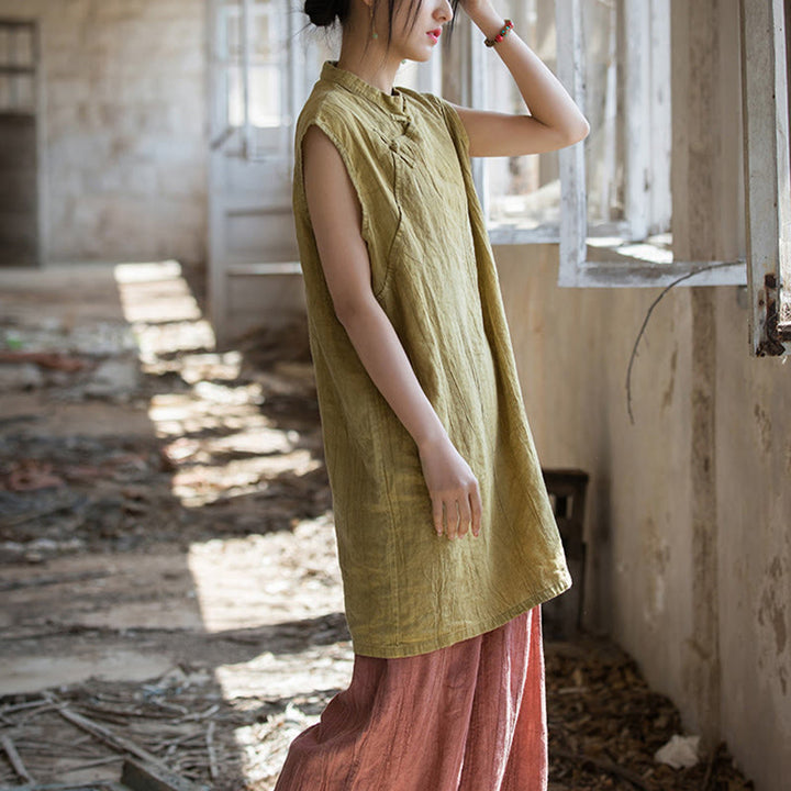 Camiseta sin mangas con botones de rana de lino y ramio teñida anudada hecha a mano con Buddha Stones - image 18