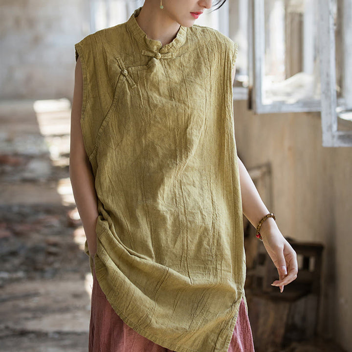 Camiseta sin mangas con botones de rana de lino y ramio teñida anudada hecha a mano con Buddha Stones - image 15