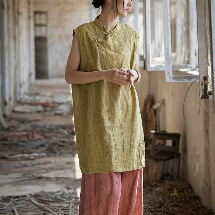 Camiseta sin mangas con botones de rana de lino y ramio teñida anudada hecha a mano con Buddha Stones - image 20