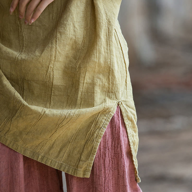 Camiseta sin mangas con botones de rana de lino y ramio teñida anudada hecha a mano con Buddha Stones - image 16