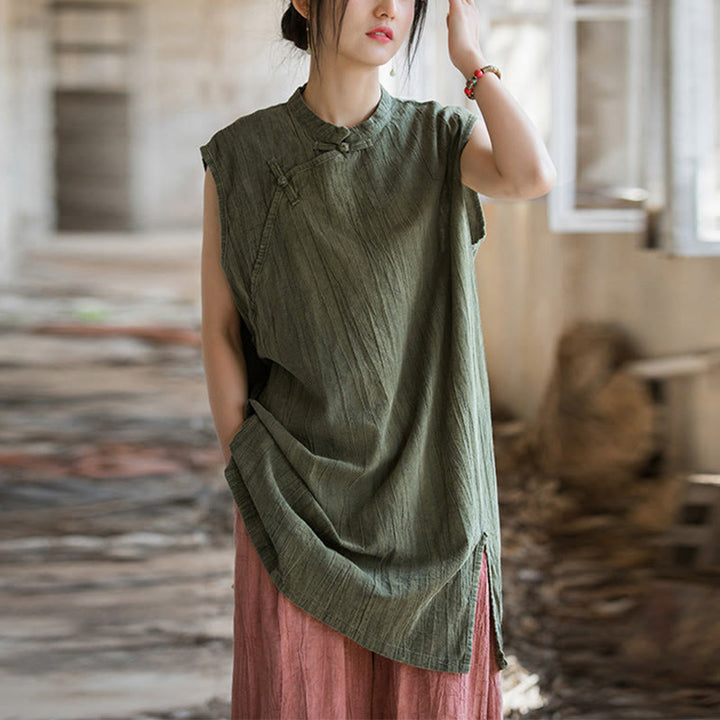 Camiseta sin mangas con botones de rana de lino y ramio teñida anudada hecha a mano con Buddha Stones - Verde (Busto 112 cm / Hombro 42 cm / Largo 84 cm) (Solo la parte superior) - image 21