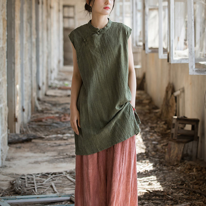 Camiseta sin mangas con botones de rana de lino y ramio teñida anudada hecha a mano con Buddha Stones - image 25