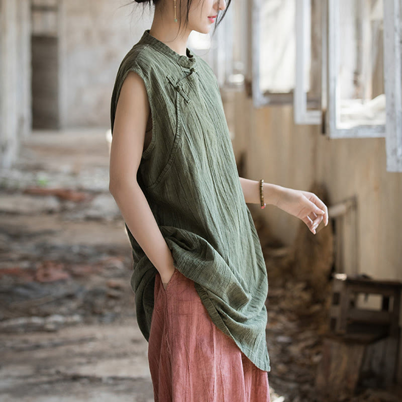 Camiseta sin mangas con botones de rana de lino y ramio teñida anudada hecha a mano con Buddha Stones - image 23