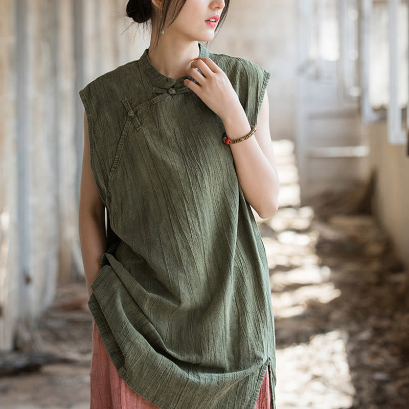 Camiseta sin mangas con botones de rana de lino y ramio teñida anudada hecha a mano con Buddha Stones - image 22