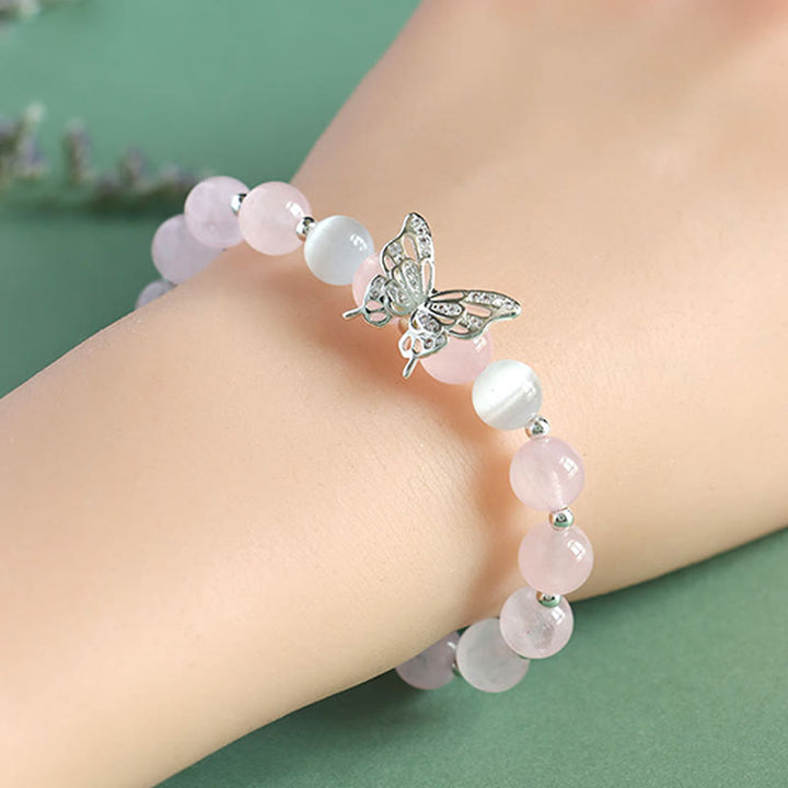 Buddha Stones Calcedonia Azul Cristal Rosa Calcedonia Púrpura Mariposa Pulsera Energética - Cristal rosa (circunferencia de la muñeca: 14-16 cm) - image 5