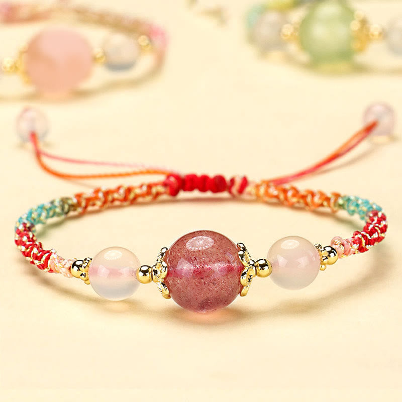 Buddha Stones Pulsera de cuerda curativa con cuentas de ágata blanca, prehnita y cristal rosa de cuarzo fresa - Cuarzo fresa (circunferencia de la muñeca: 14-18 cm) - image 0