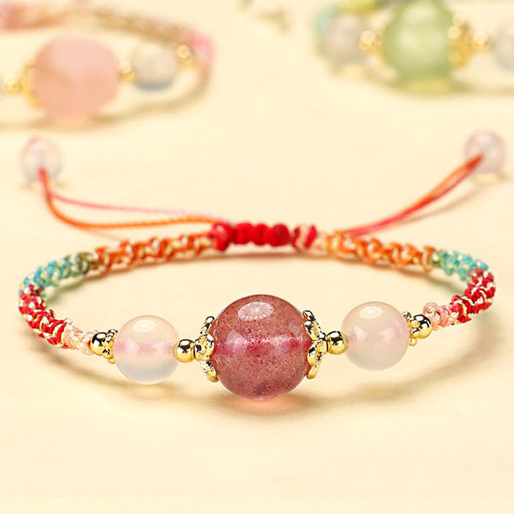 Buddha Stones Pulsera de cuerda curativa con cuentas de ágata blanca, prehnita y cristal rosa de cuarzo fresa - Cuarzo fresa (circunferencia de la muñeca: 14-18 cm) - image 0