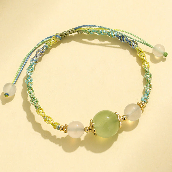 Buddha Stones Pulsera de cuerda curativa con cuentas de ágata blanca, prehnita y cristal rosa de cuarzo fresa - Prehnita (circunferencia de la muñeca: 14-18 cm) - image 11