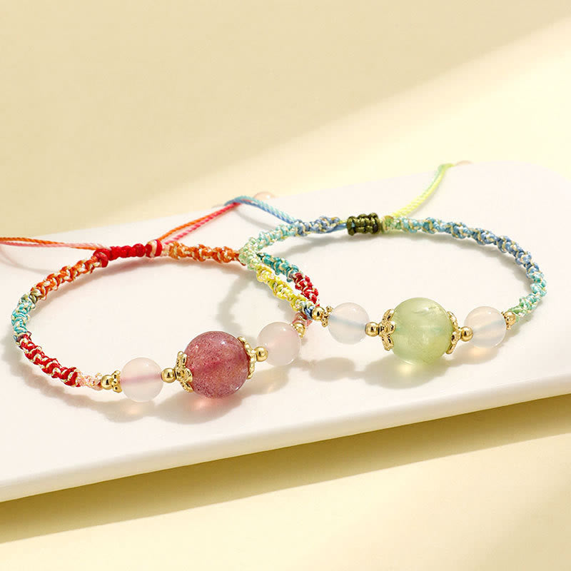 Buddha Stones Pulsera de cuerda curativa con cuentas de ágata blanca, prehnita y cristal rosa de cuarzo fresa - image 1