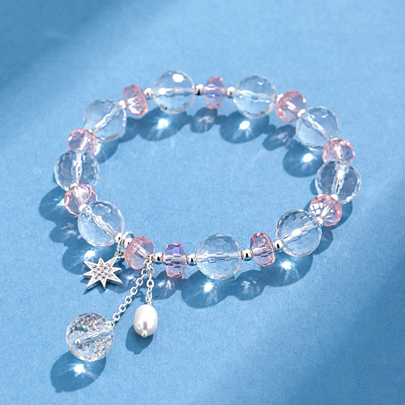 Buddha Stones Pulsera con dije de estrella protectora de cristal blanco y cristal rosa - Cristal blanco (circunferencia de la muñeca 14-16 cm) - image 0