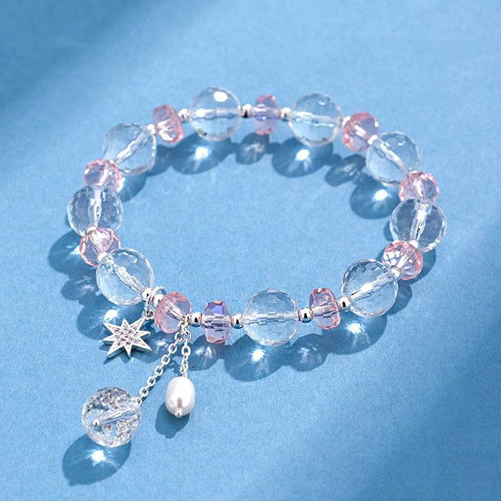 Buddha Stones Pulsera con dije de estrella protectora de cristal blanco y cristal rosa - Cristal blanco (circunferencia de la muñeca 14-16 cm) - image 0