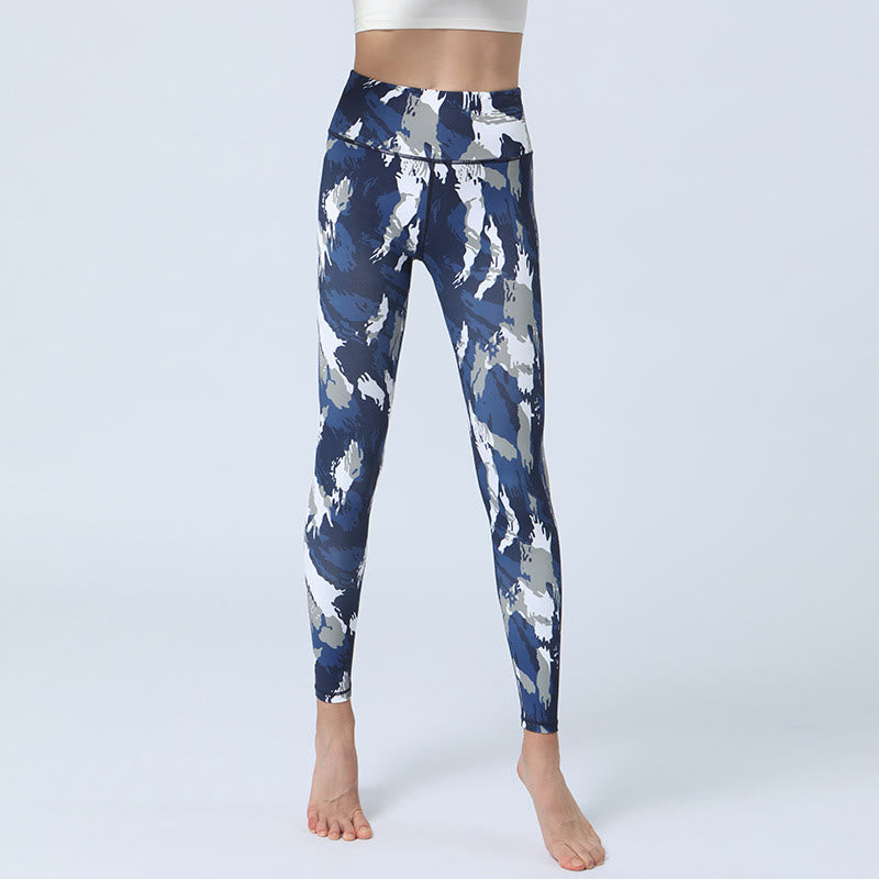 Buddha Stones flores hojas impresión deportes fitness yoga cintura alta polainas pantalones de yoga para mujer - Azul oscuro blanco - US8-10, UK/AU12-14, EU40-42 (XL) - image 1