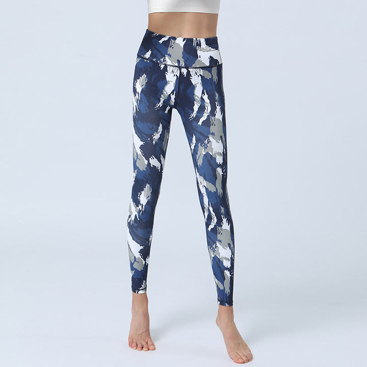 Buddha Stones flores hojas impresión deportes fitness yoga cintura alta polainas pantalones de yoga para mujer - Azul oscuro blanco - US8-10, UK/AU12-14, EU40-42 (XL) - image 1
