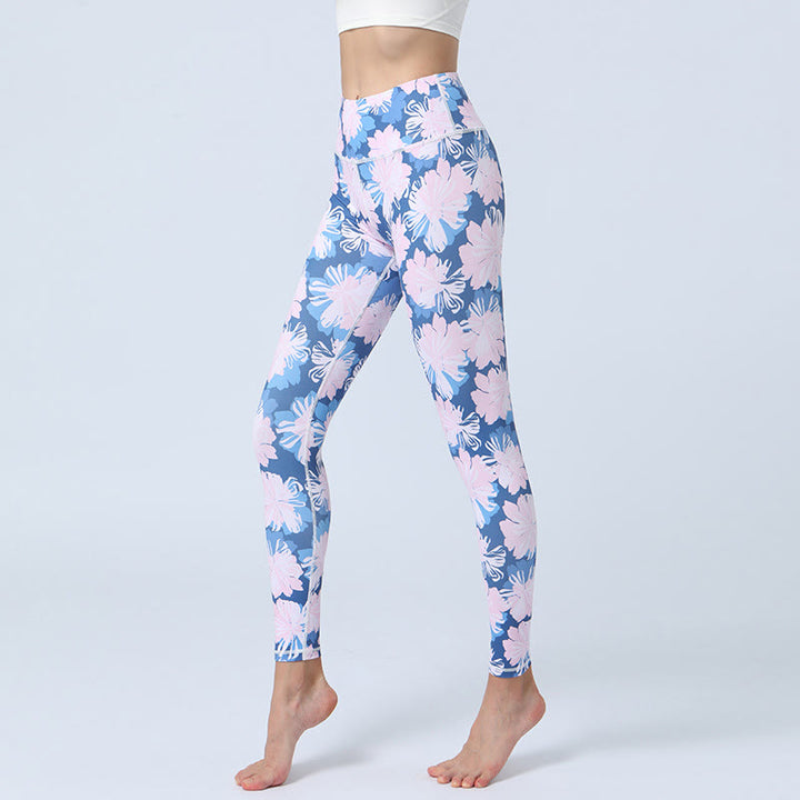 Buddha Stones flores hojas impresión deportes fitness yoga cintura alta polainas pantalones de yoga para mujer - Flores de color rosa azulado - US8-10, UK/AU12-14, EU40-42 (XL) - image 7