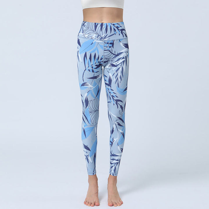 Buddha Stones flores hojas impresión deportes fitness yoga cintura alta polainas pantalones de yoga para mujer - Hojas de color azul claro - US8-10, UK/AU12-14, EU40-42 (XL) - image 10
