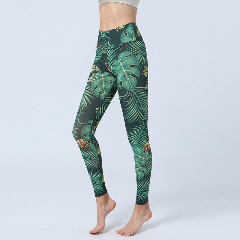 Patrón de Buddha Stones Deportes Fitness Yoga Leggings de cintura alta Pantalones de yoga para mujer - Hojas verdes - US8-10, UK/AU12-14, EU40-42 (XL) - image 1
