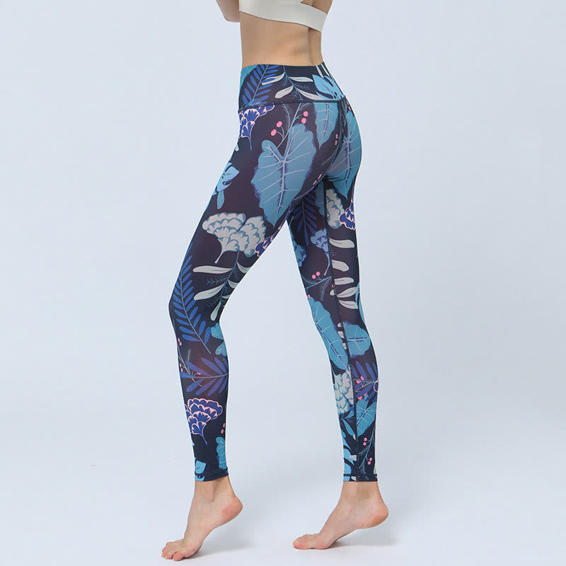Patrón de Buddha Stones Deportes Fitness Yoga Leggings de cintura alta Pantalones de yoga para mujer - Hojas de color azul oscuro - US8-10, UK/AU12-14, EU40-42 (XL) - image 10