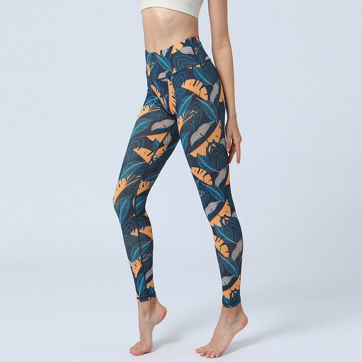 Patrón de Buddha Stones Deportes Fitness Yoga Leggings de cintura alta Pantalones de yoga para mujer - Hojas de color azul anaranjado - US8-10, UK/AU12-14, EU40-42 (XL) - image 13