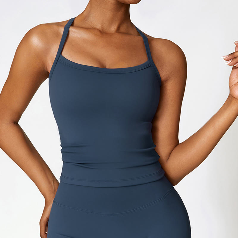 Buddha Stones Top corto de color liso con cintura alta, pantalones cortos deportivos, fitness, gimnasio y yoga. - Azul oscuro - Arriba - US8-10, UK/AU12-14, EU40-42 (XL) - image 0