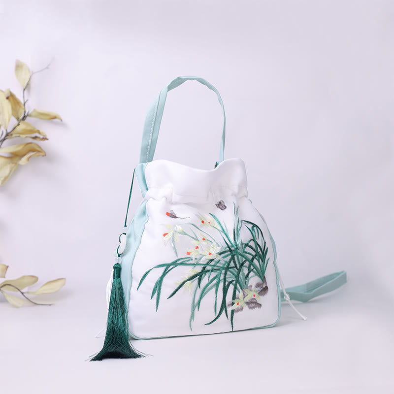 Bolso bandolera con bordado de Suzhou de Buddha Stones, con forma de conejo, loto, epifilo, peonía y magnolia