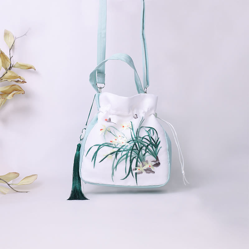 Bolso bandolera con bordado de Suzhou de Buddha Stones, con forma de conejo, loto, epifilo, peonía y magnolia