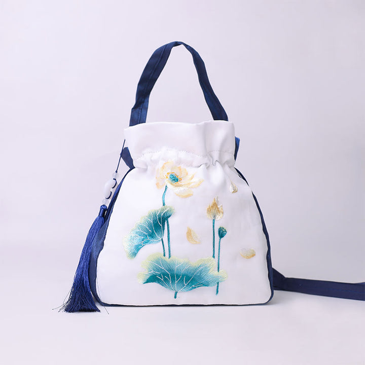 Bolso bandolera con bordado de Suzhou de Buddha Stones, con forma de conejo, loto, epifilo, peonía y magnolia