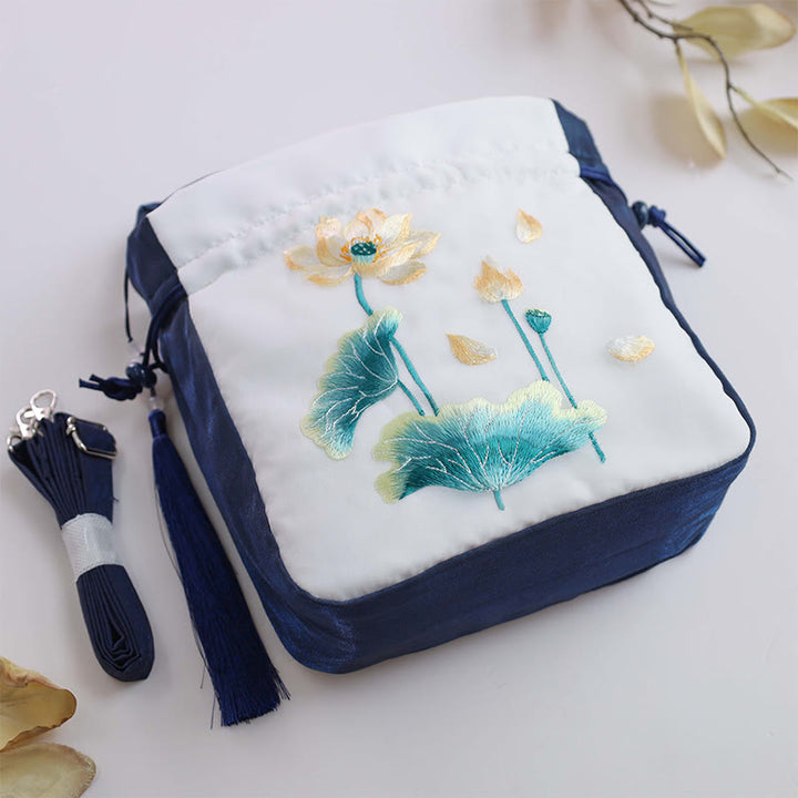 Bolso bandolera con bordado de Suzhou de Buddha Stones, con forma de conejo, loto, epifilo, peonía y magnolia