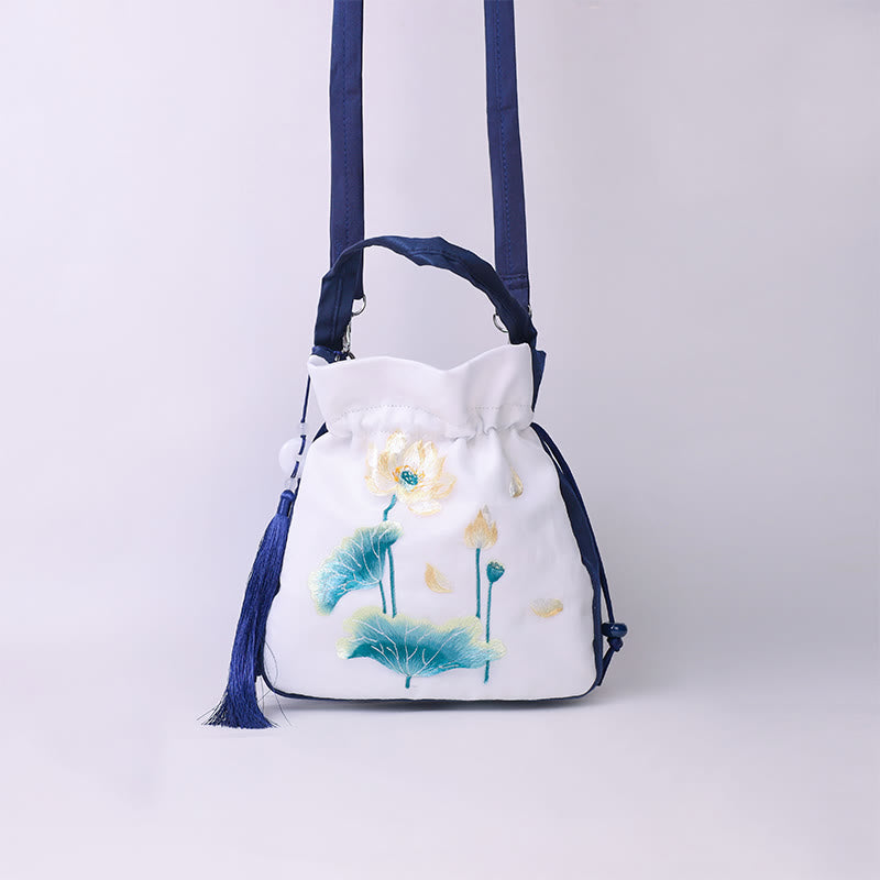 Bolso bandolera con bordado de Suzhou de Buddha Stones, con forma de conejo, loto, epifilo, peonía y magnolia