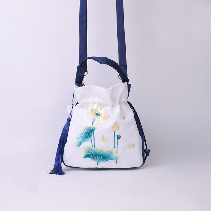 Bolso bandolera con bordado de Suzhou de Buddha Stones, con forma de conejo, loto, epifilo, peonía y magnolia