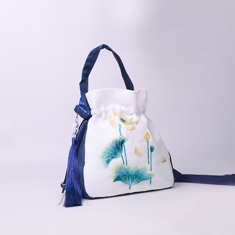 Bolso bandolera con bordado de Suzhou de Buddha Stones, con forma de conejo, loto, epifilo, peonía y magnolia