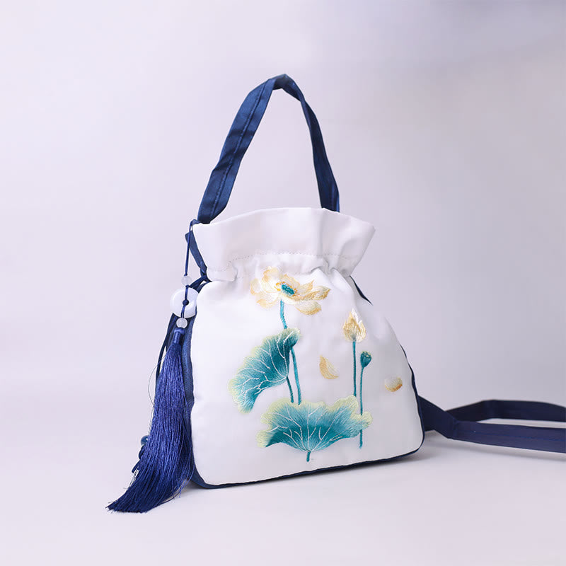Bolso bandolera con bordado de Suzhou de Buddha Stones, con forma de conejo, loto, epifilo, peonía y magnolia