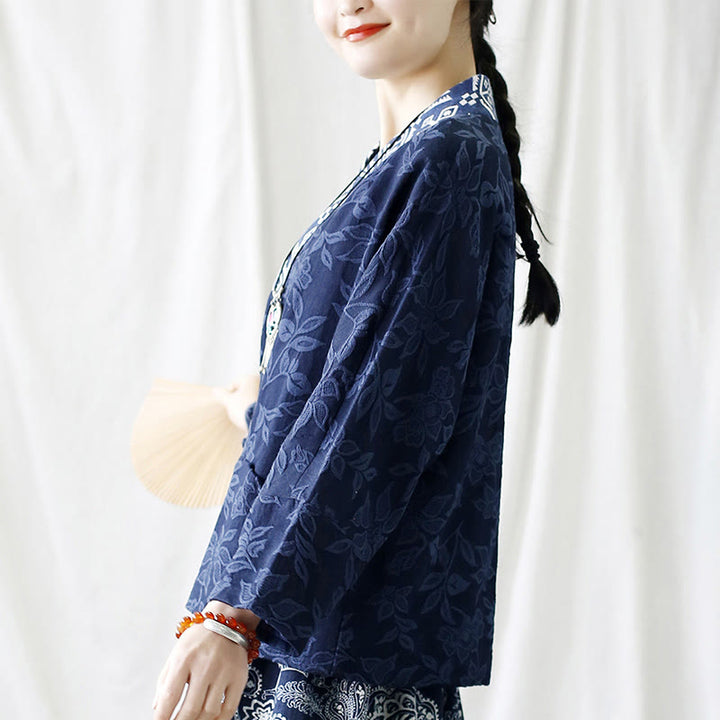 Buddha Stones Chaqueta de manga larga con cuello en V y estampado de flores en jacquard - image 18