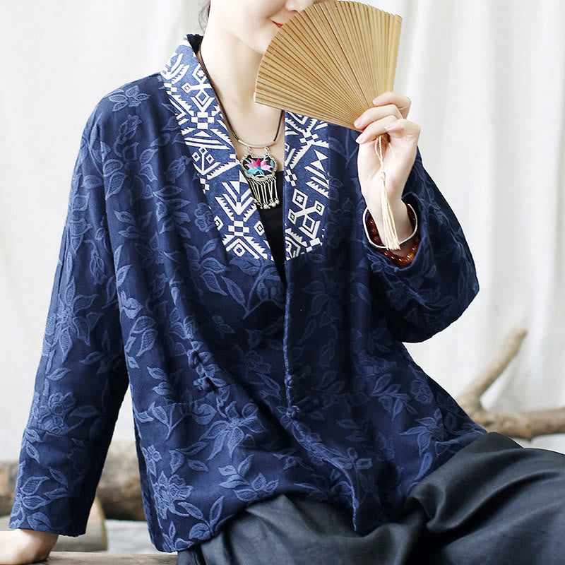 Buddha Stones Chaqueta de manga larga con cuello en V y estampado de flores en jacquard - image 24