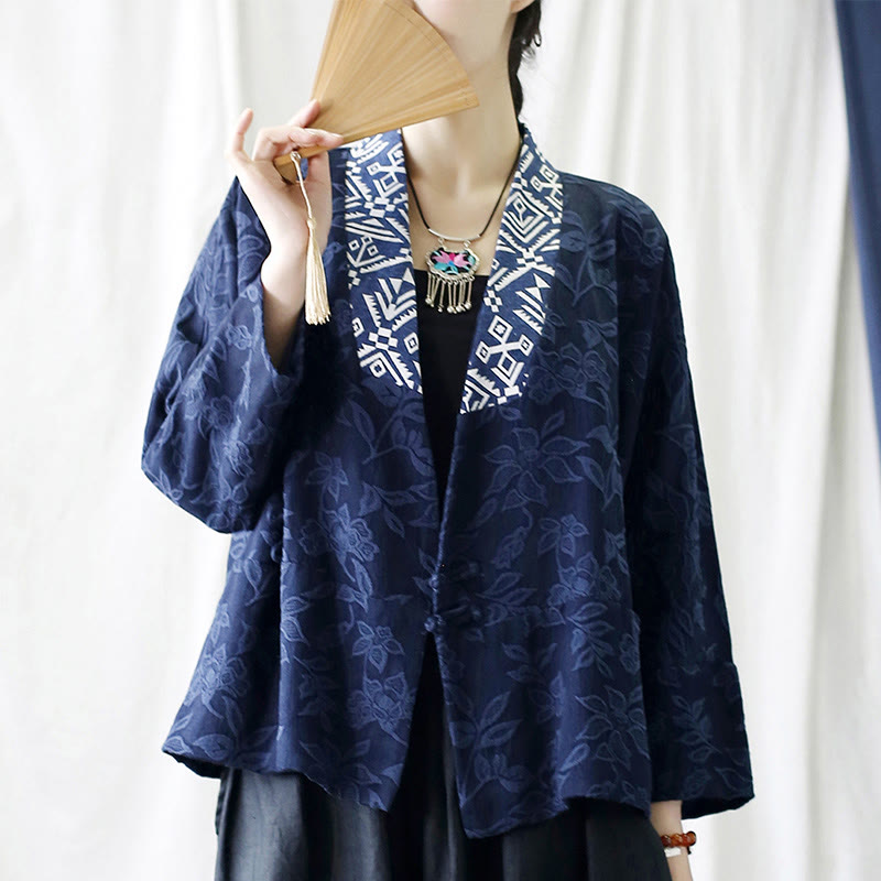 Buddha Stones Chaqueta de manga larga con cuello en V y estampado de flores en jacquard - image 5