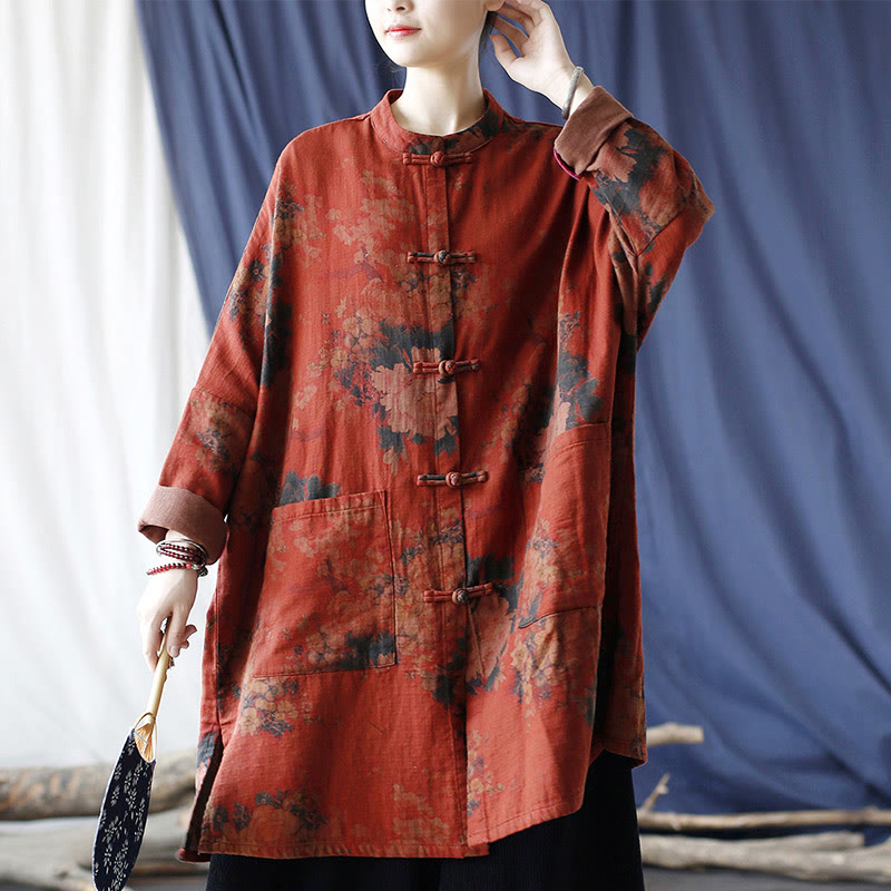 Chaqueta abierta con botones y bolsillos, con estampado de flores de peonía naranja y Buddha Stones. - image 39