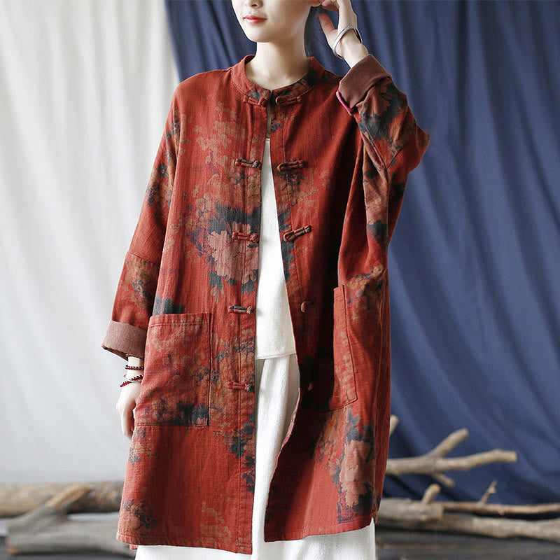 Chaqueta abierta con botones y bolsillos, con estampado de flores de peonía naranja y Buddha Stones. - image 11