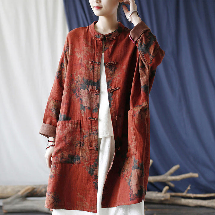 Chaqueta abierta con botones y bolsillos, con estampado de flores de peonía naranja y Buddha Stones. - image 11
