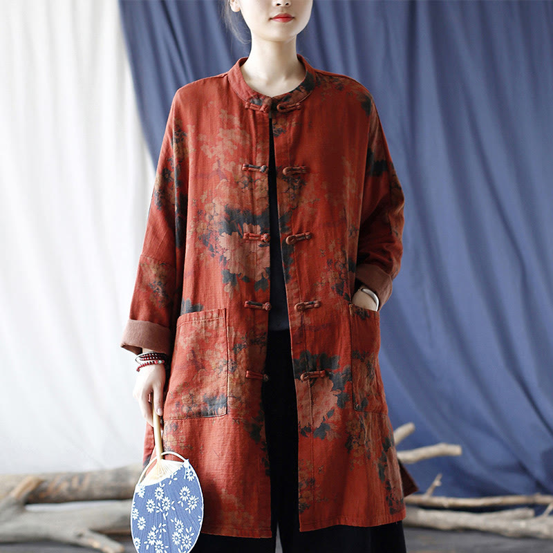 Chaqueta abierta con botones y bolsillos, con estampado de flores de peonía naranja y Buddha Stones. - image 32